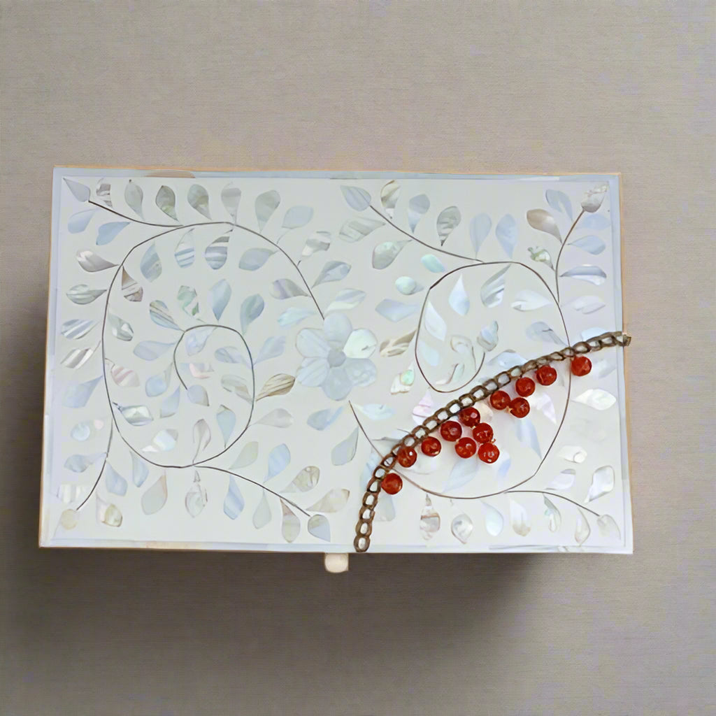 Beautiful Mother of Pearl Floral Pattern Jewelry Box - White