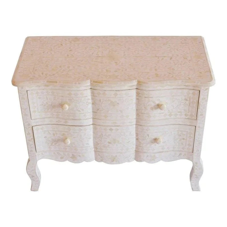 Bone Inlay Chest Of 2 Drawers, Floral Vintage Pattern In White