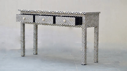 HANDMADE BONE INLAY CONSOLE TABLE IN BLACK AND WHITE CHEVRON PATTERN