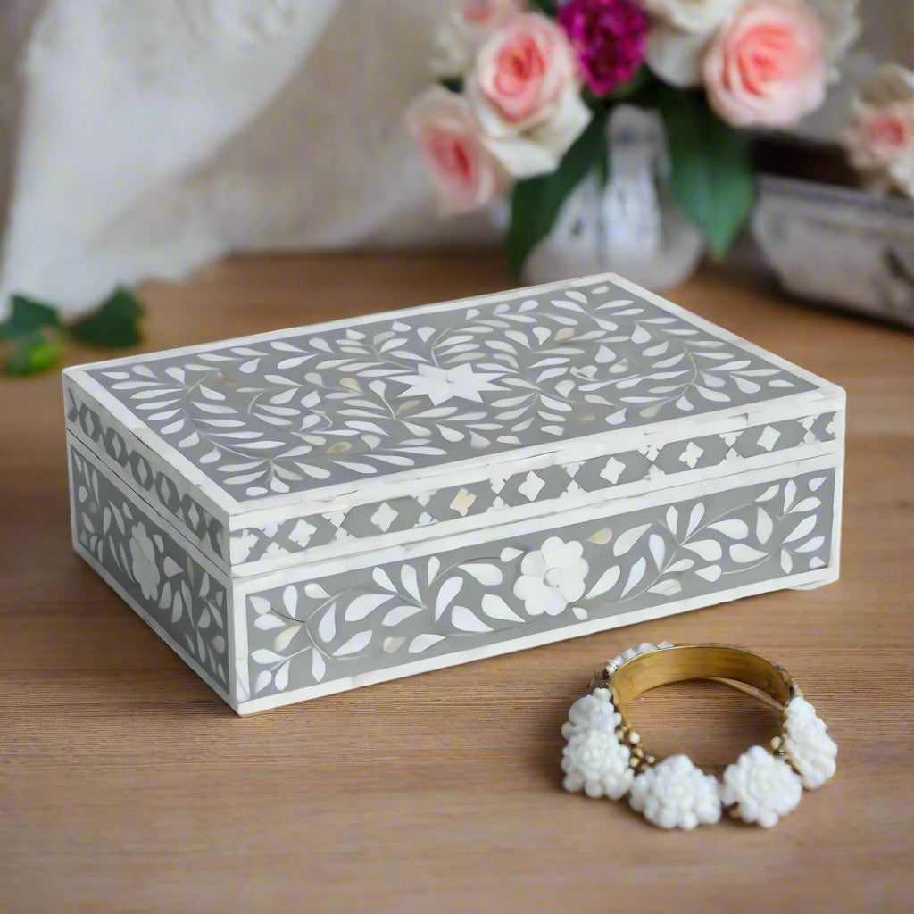 Handcrafted bone inlay Grey Floral Jewellery Box