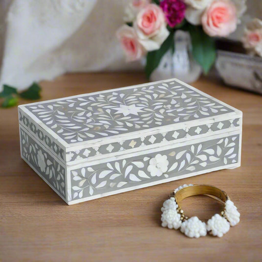 Handcrafted bone inlay Grey Floral Jewellery Box