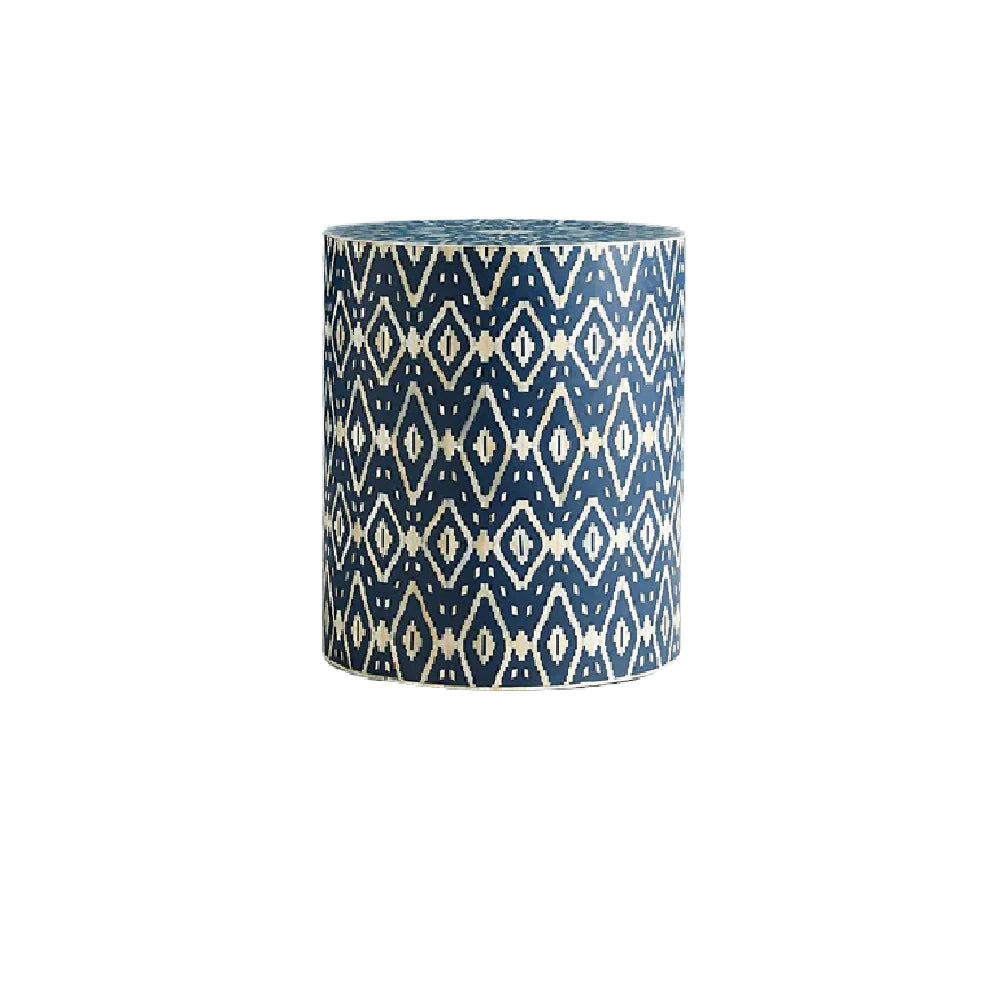 HANDMADE BLUE BONE INLAY ROUND STOOL IN GEOMETRICAL IKKAT PATTERN