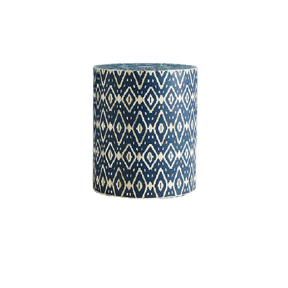 HANDMADE BLUE BONE INLAY ROUND STOOL IN GEOMETRICAL IKKAT PATTERN