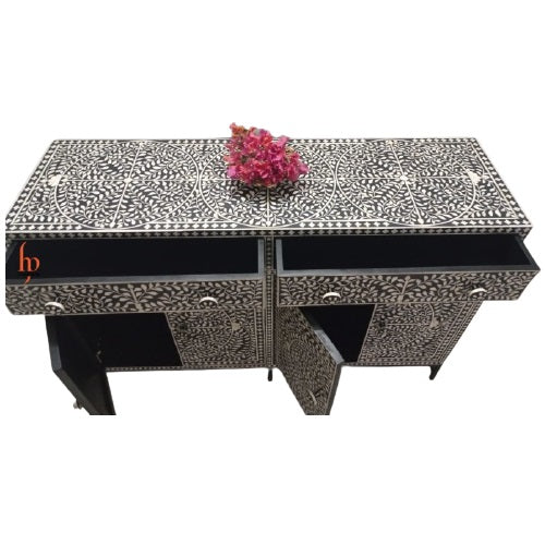 Beautiful Bone Inlay Buffet – 2 Drawers & 4 Doors in Black Floral Pattern