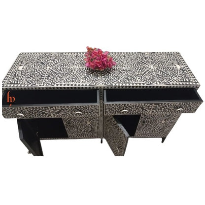 Beautiful Bone Inlay Buffet – 2 Drawers & 4 Doors in Black Floral Pattern