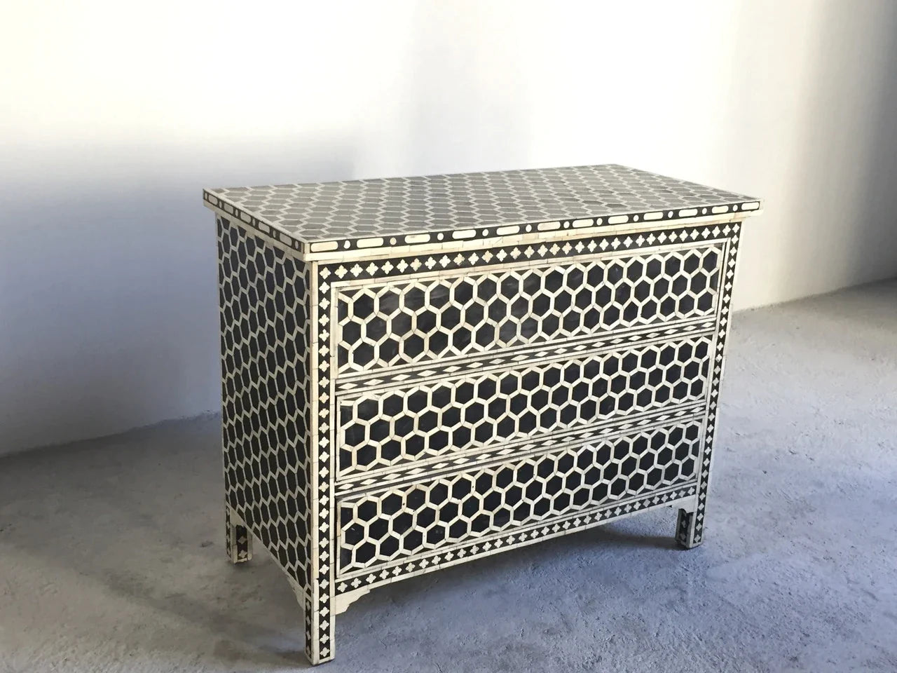 Bone Inlay Chest Of 3 Drawers, Honeycomb Pattern In Black