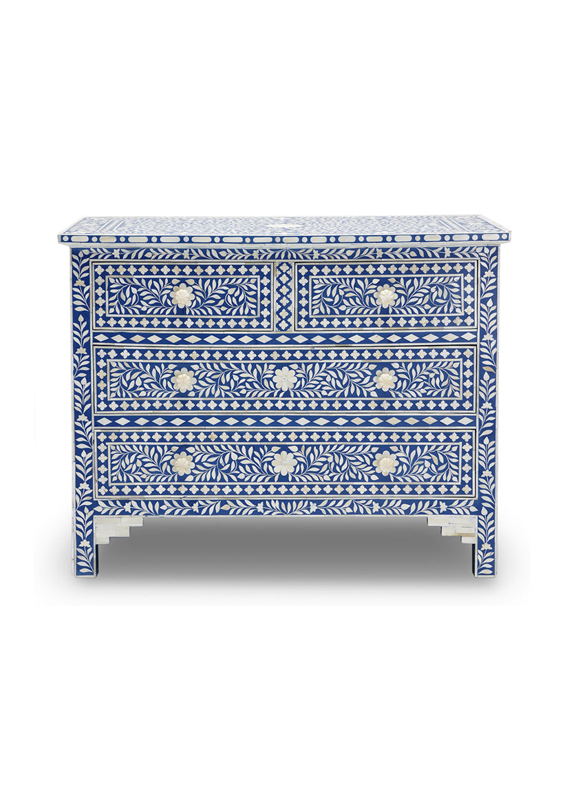 Bone Inlay Chest of 4 drawers, Floral Pattern In Blue
