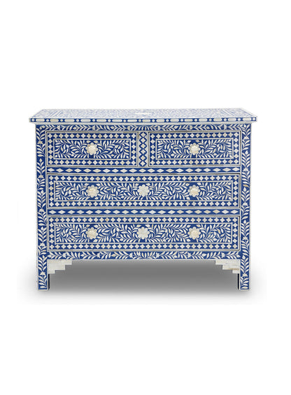 Bone Inlay Chest of 4 drawers, Floral Pattern In Blue