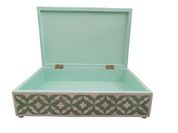 Elegant teal Moroccan bone inlay keepsake box with handcrafted details and modern décor.