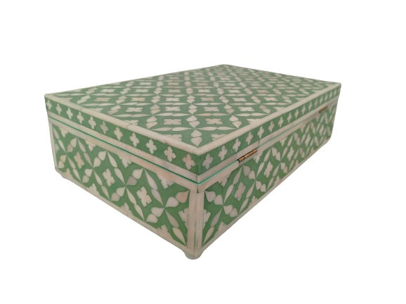 Artisan-crafted teal bone inlay jewelry organizer with Moroccan inlay pattern for modern interiors