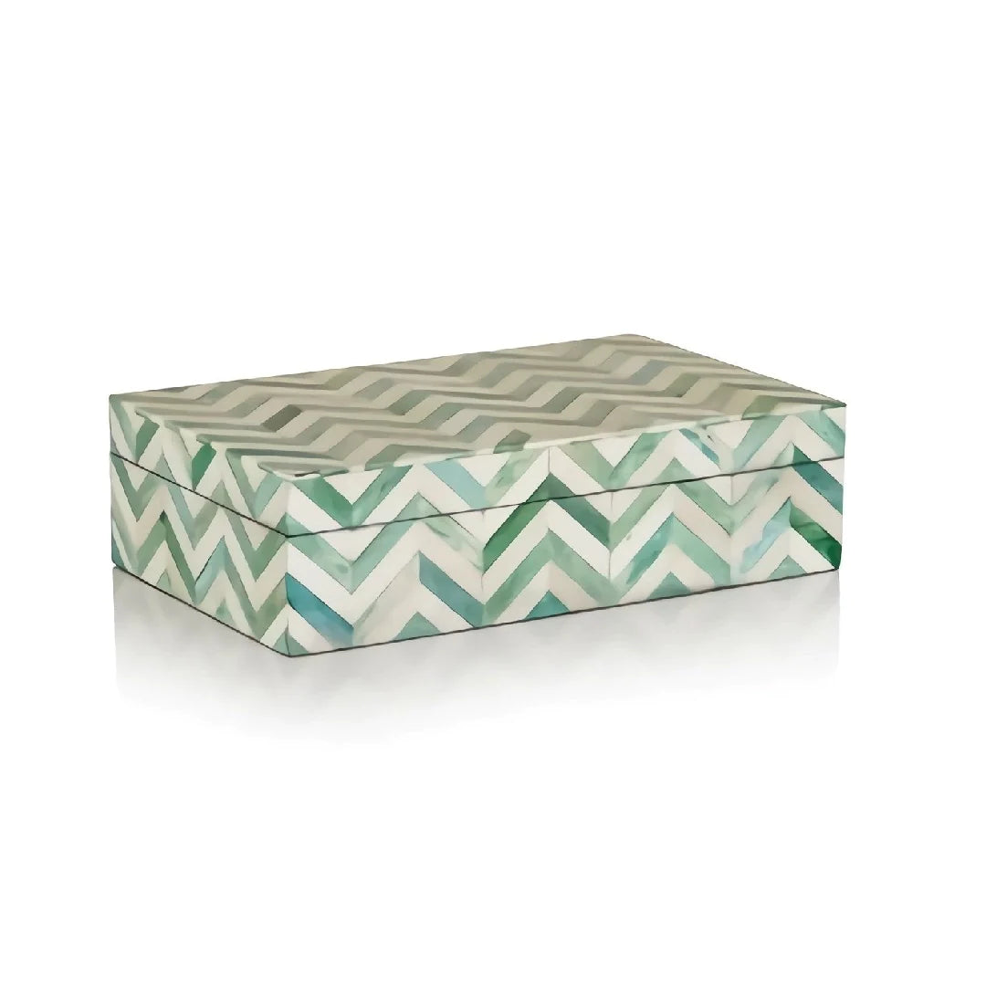Handmade geometric bone inlay jewelry box with green chevron pattern