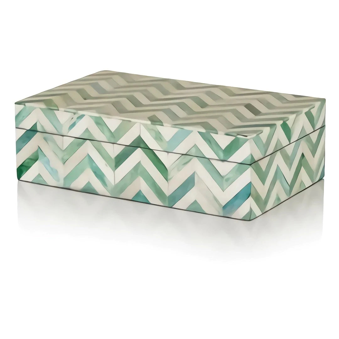 Contemporary kitchen lifestyle image with handcrafted chevron inlay box