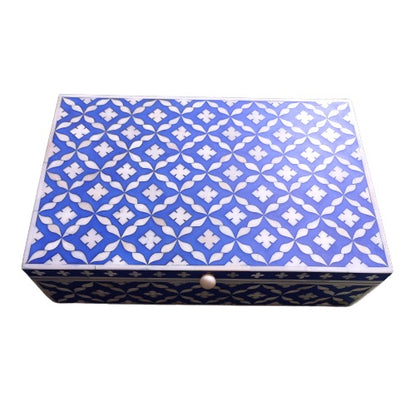 Luxury blue and white bone inlay jewelry box with Moroccan pattern in a contemporary home