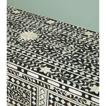 Handcrafted Bone Inlay 3-Drawer Chest – Floral Pattern in Black