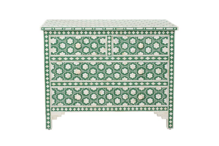 Bone Inlay Chest Of 4 Drawers , Moroccan Pattern In Green