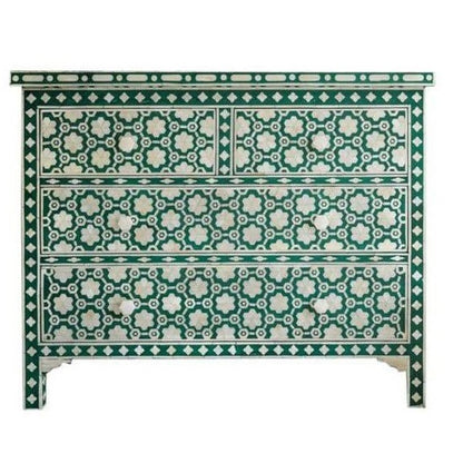 Handcrafted Bone Inlay 4-Drawer Chest – Moroccan Pattern in Green