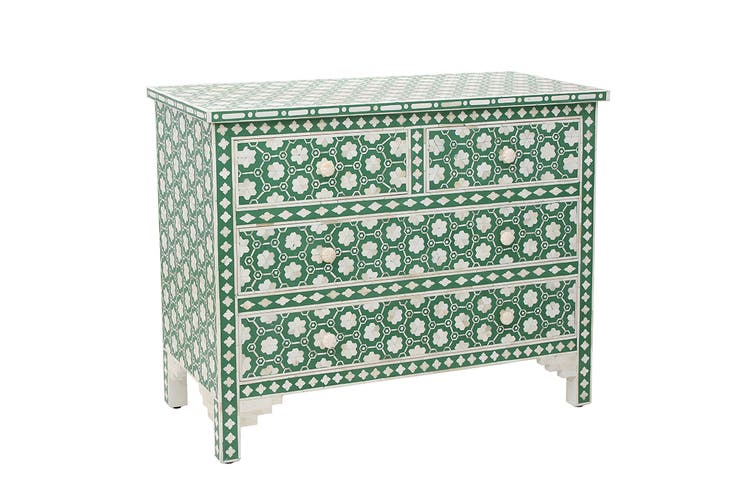 Bone Inlay Chest Of 4 Drawers , Moroccan Pattern In Green