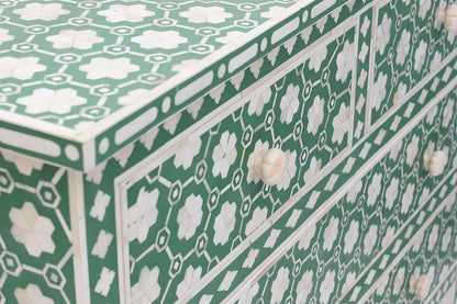 Handcrafted Bone Inlay 4-Drawer Chest – Moroccan Pattern in Green