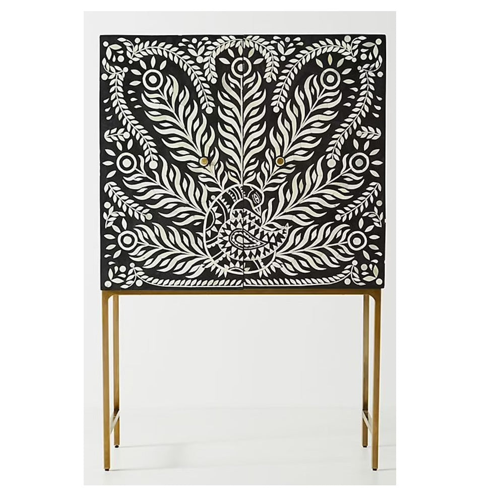 Customized Handmade Bone Inlay Peacock Pattern Bar Cabinet