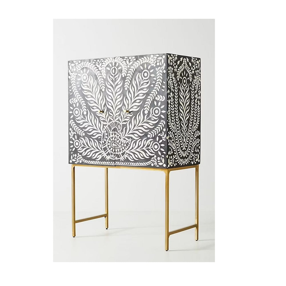 Customized Handmade Bone Inlay Peacock Pattern Bar Cabinet