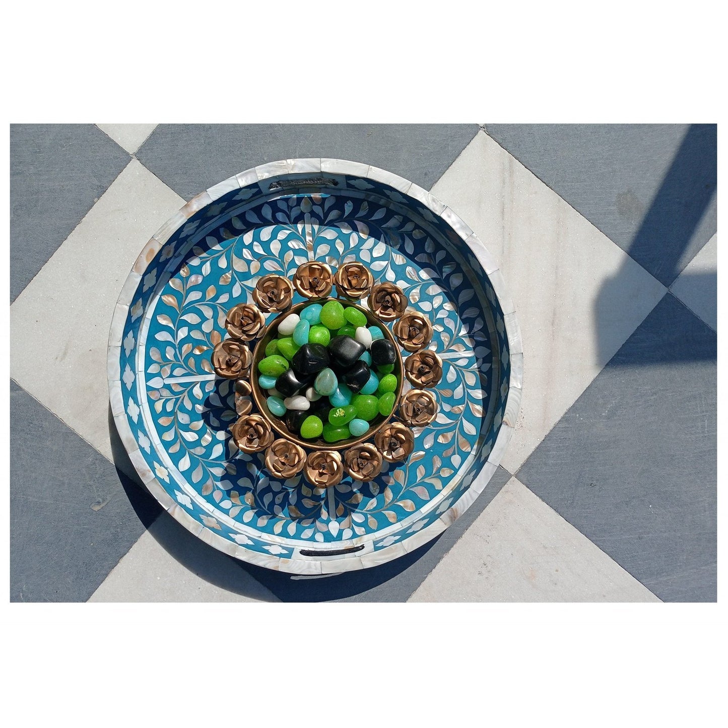Decorative blue mother of pearl tray with botanical mosaic pattern