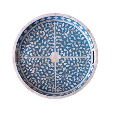 Luxury blue mother of pearl serving tray with floral mosaic design