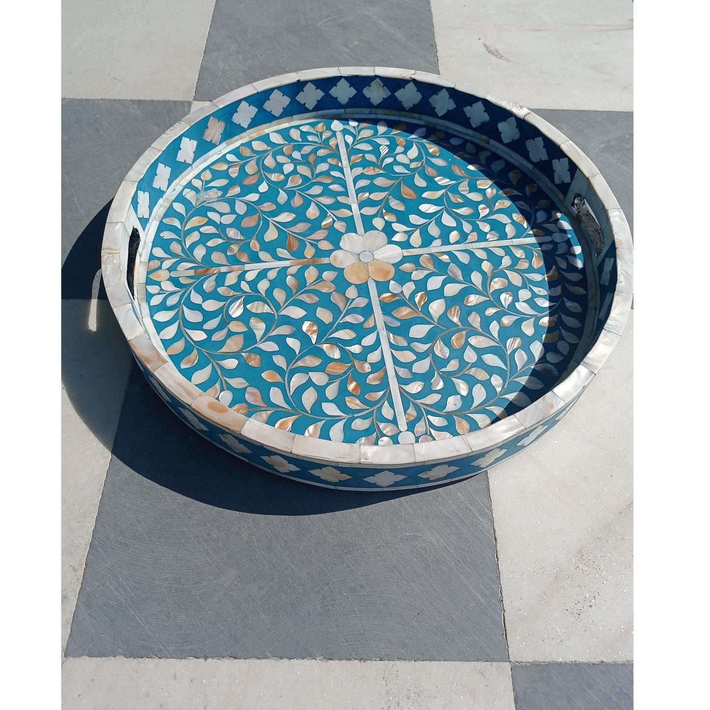Artisan blue shell inlay round tray for luxury interiors