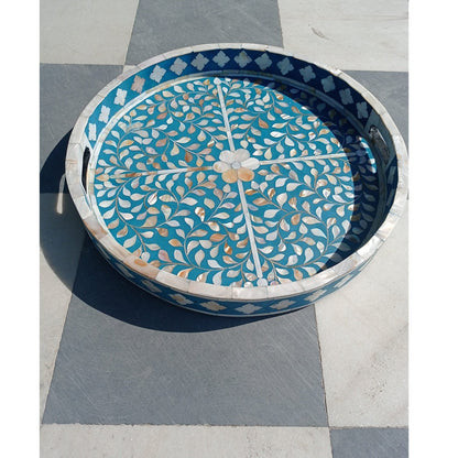 Artisan blue shell inlay round tray for luxury interiors